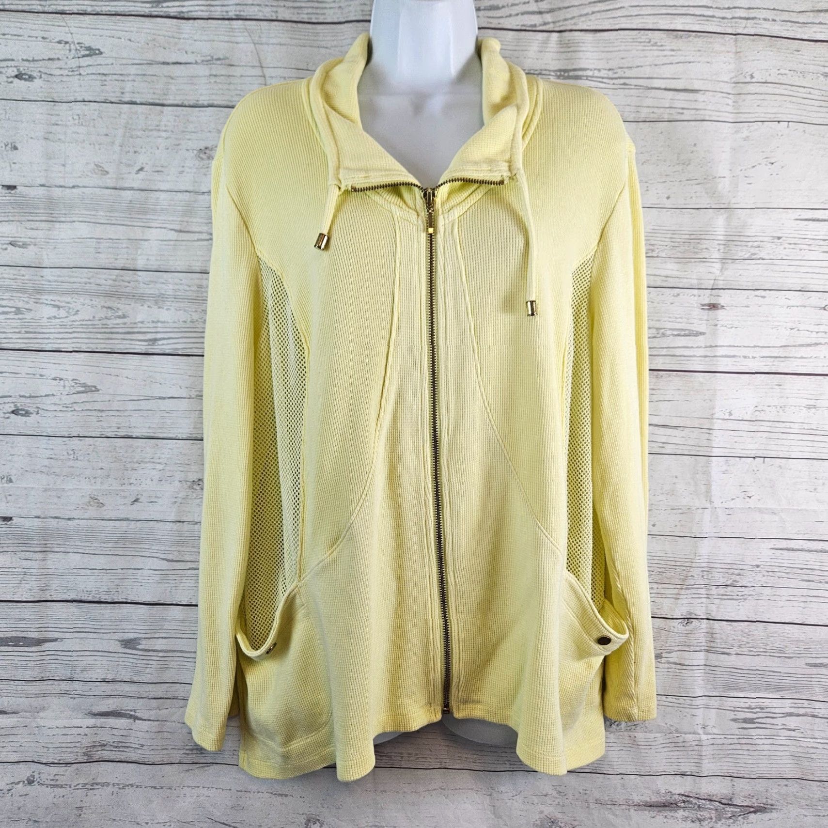 Vintage Zenergy by Chicos Womens Knit Jacket XL Yellow Full Zip Cotton Blend Pockets Size XL / US 12-14 / IT 48-50 - 2 Thumbnail