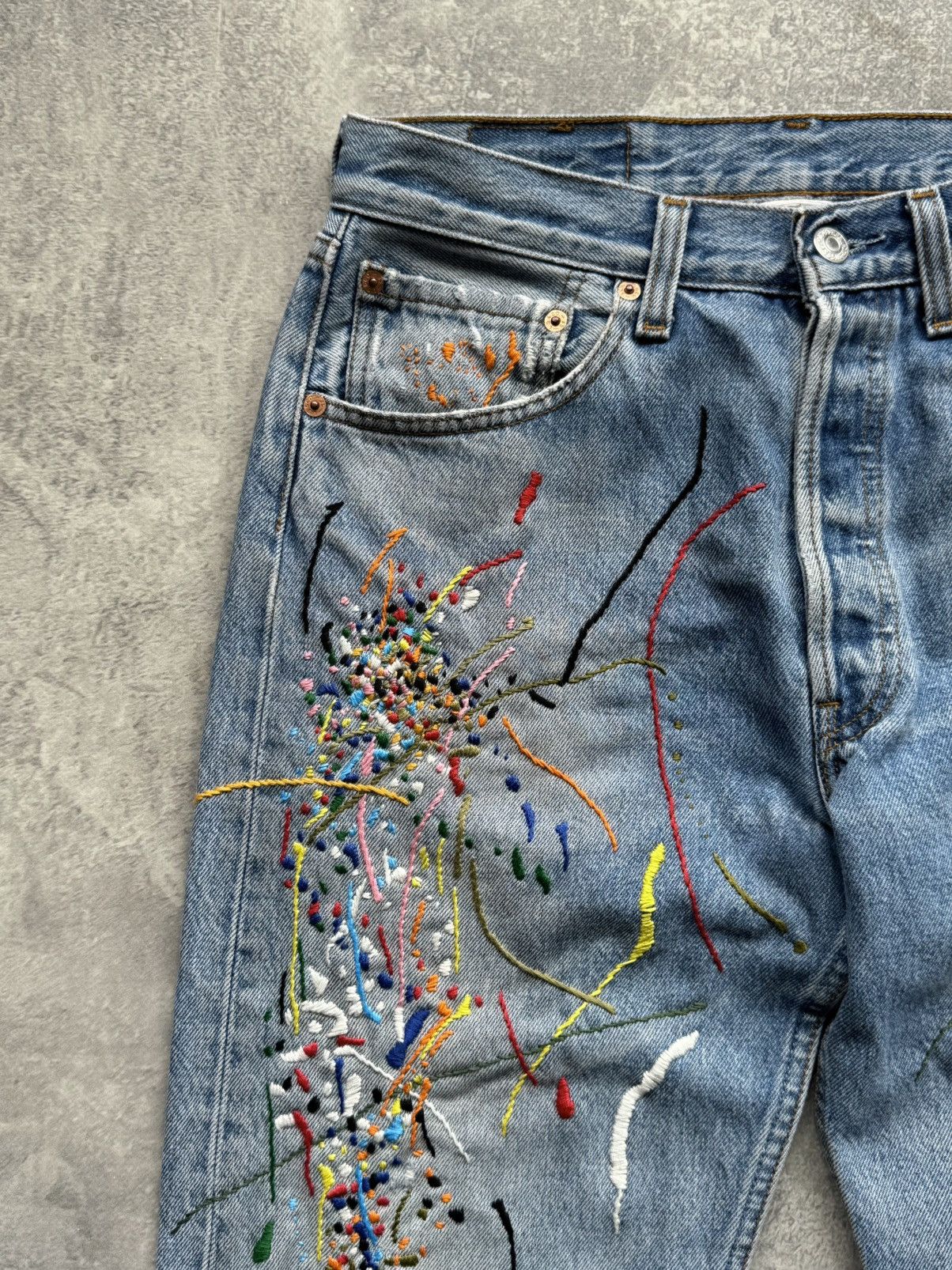 Levi's Hand Made Fake Embroidered Stains Jeans Levis 501 Size US 31 - 3 Thumbnail
