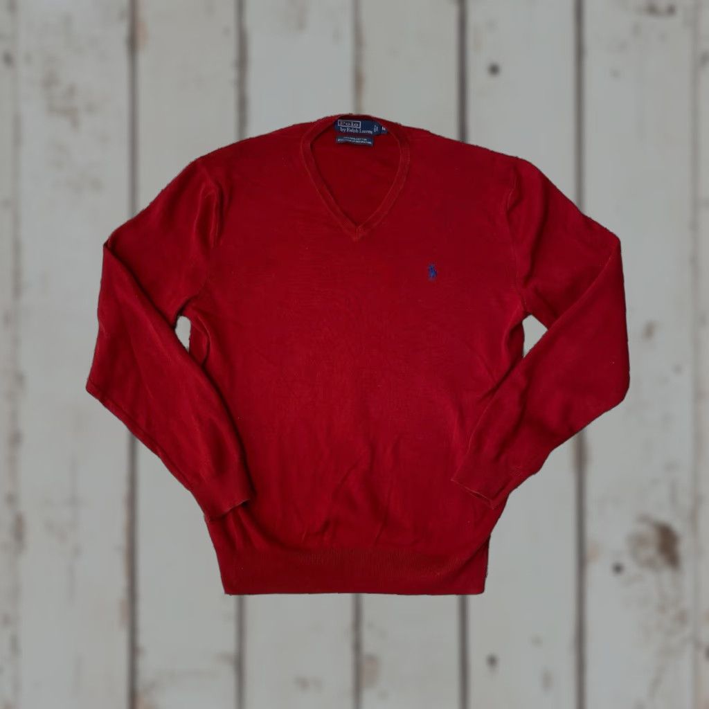 Polo Ralph Lauren VINTAGE Polo Ralph Lauren Sweater Logo Red V-Neck M Cotton Classic 90s Old Money Mens Size US M / EU 48-50 / 2 - 1 Thumbnail