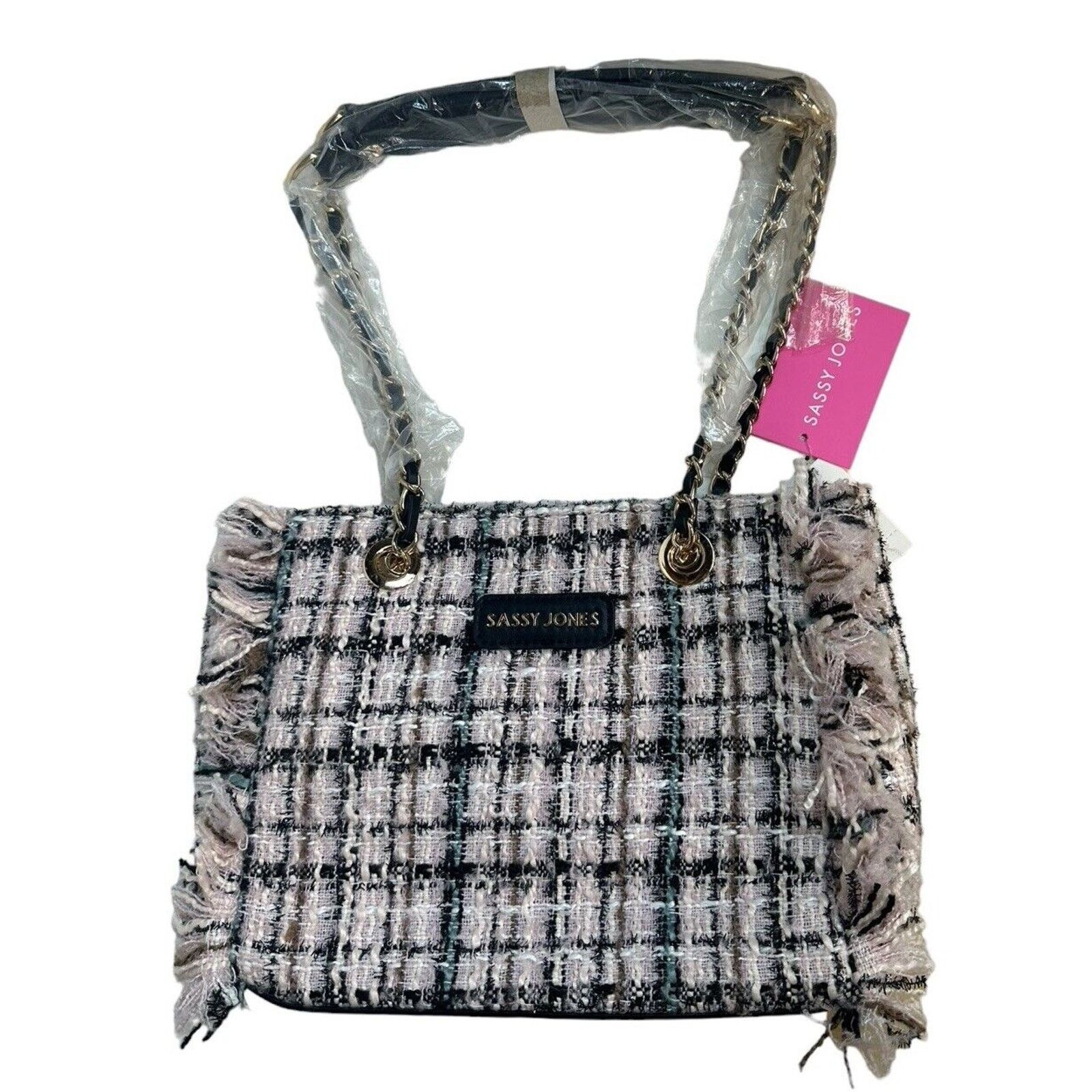 Sassy Jones Pink Black Tweed Fringe Handbag Purse Chain