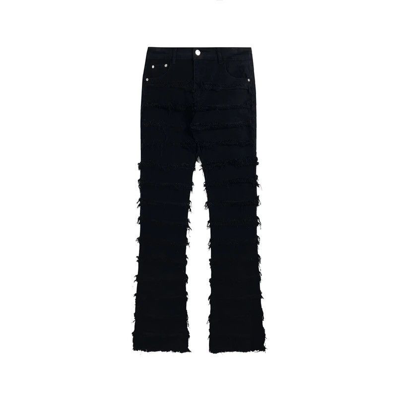 Jean Black Striped Tassel Frayed Straight Baggy Jeans Pants Size US 32 / EU 48 - 3 Thumbnail