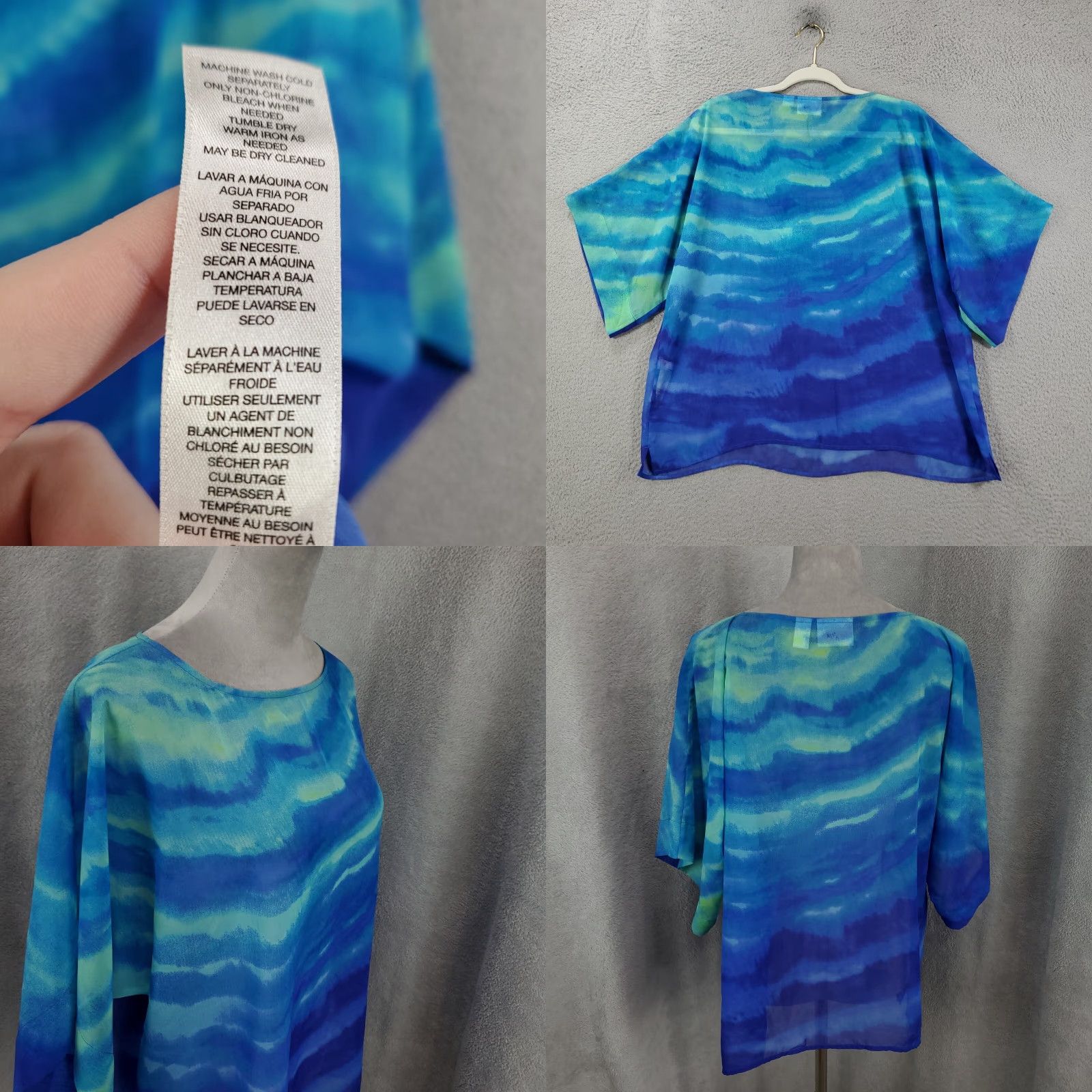 Vintage Chicos Blouse Womens Large Aqua Blue Sheer Abstract Wide Sleeve Flowy 2 Size L / US 10 / IT 46 - 8 Thumbnail