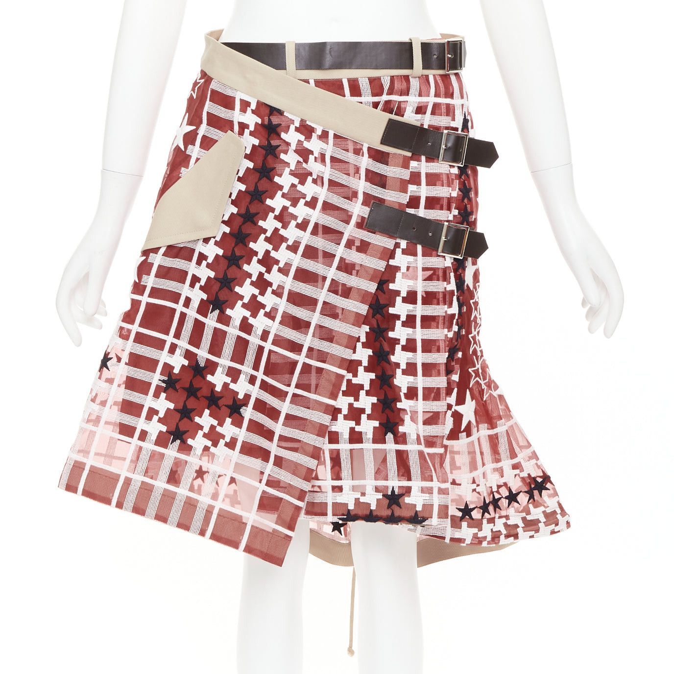 Sacai SACAI 2017 red white houndstooth star check sheer leather buckle wrap skirt JP2 M Size 28" / US 6 / IT 42 - 1 Thumbnail