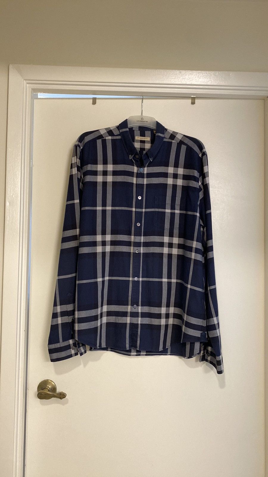 image of Authentic Burberry Navy/cream Plaid Casual Shirt Xlarge, Men's