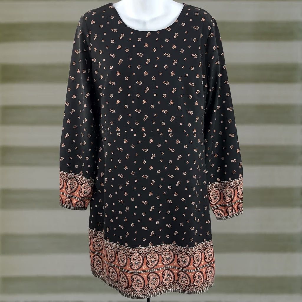 Abercrombie & Fitch Abercrombie & Fitch shift dress M Blk Peach Paisley Geo Silky Tunic Long Sleeve Size M / US 6-8 / IT 42-44 - 1 Thumbnail