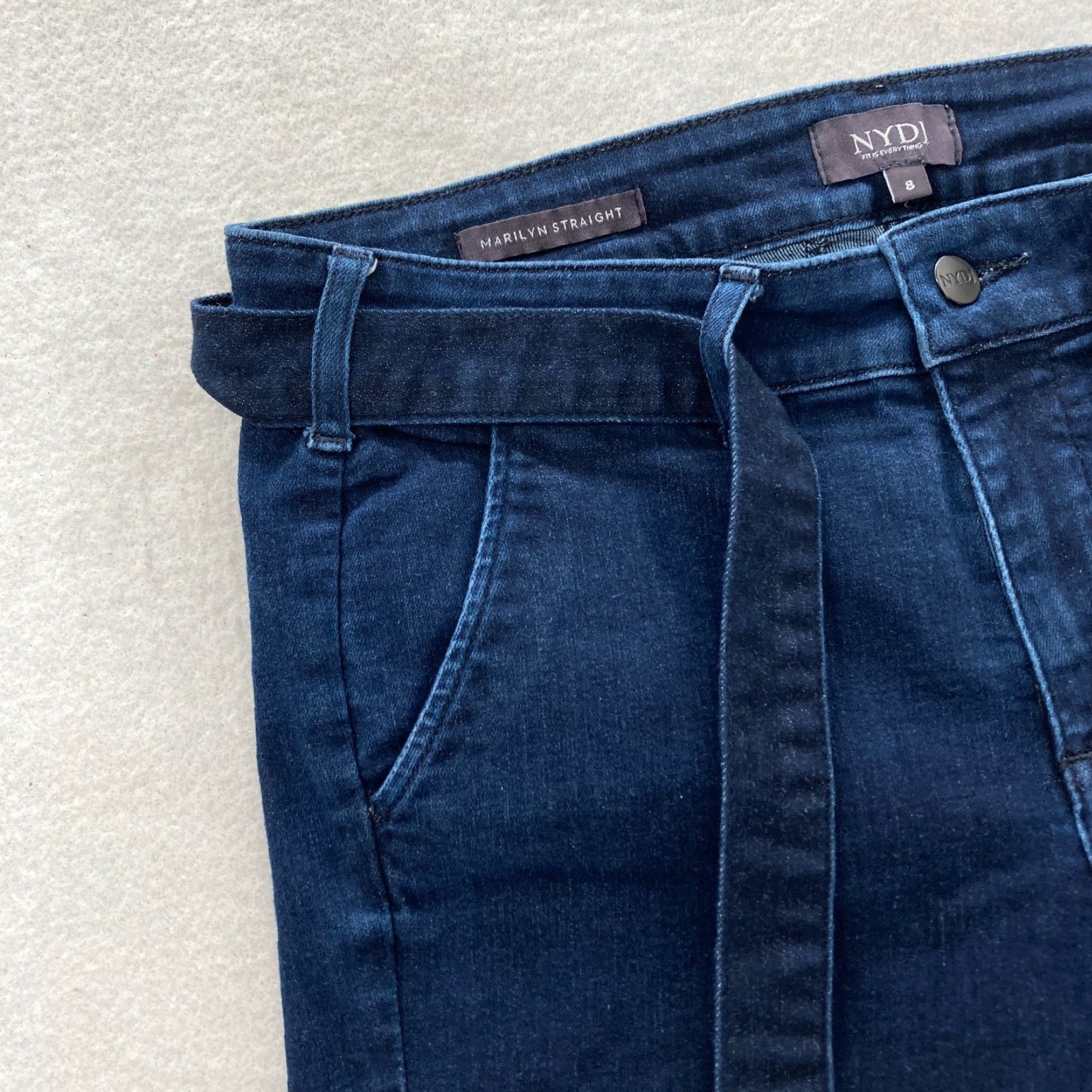 NYDJ NYDJ Marilyn Straight Jeans Women's 8 Dark Wash Blue Stretch Denim Tie Waist Size 30" / US 8 / IT 44 - 3 Thumbnail