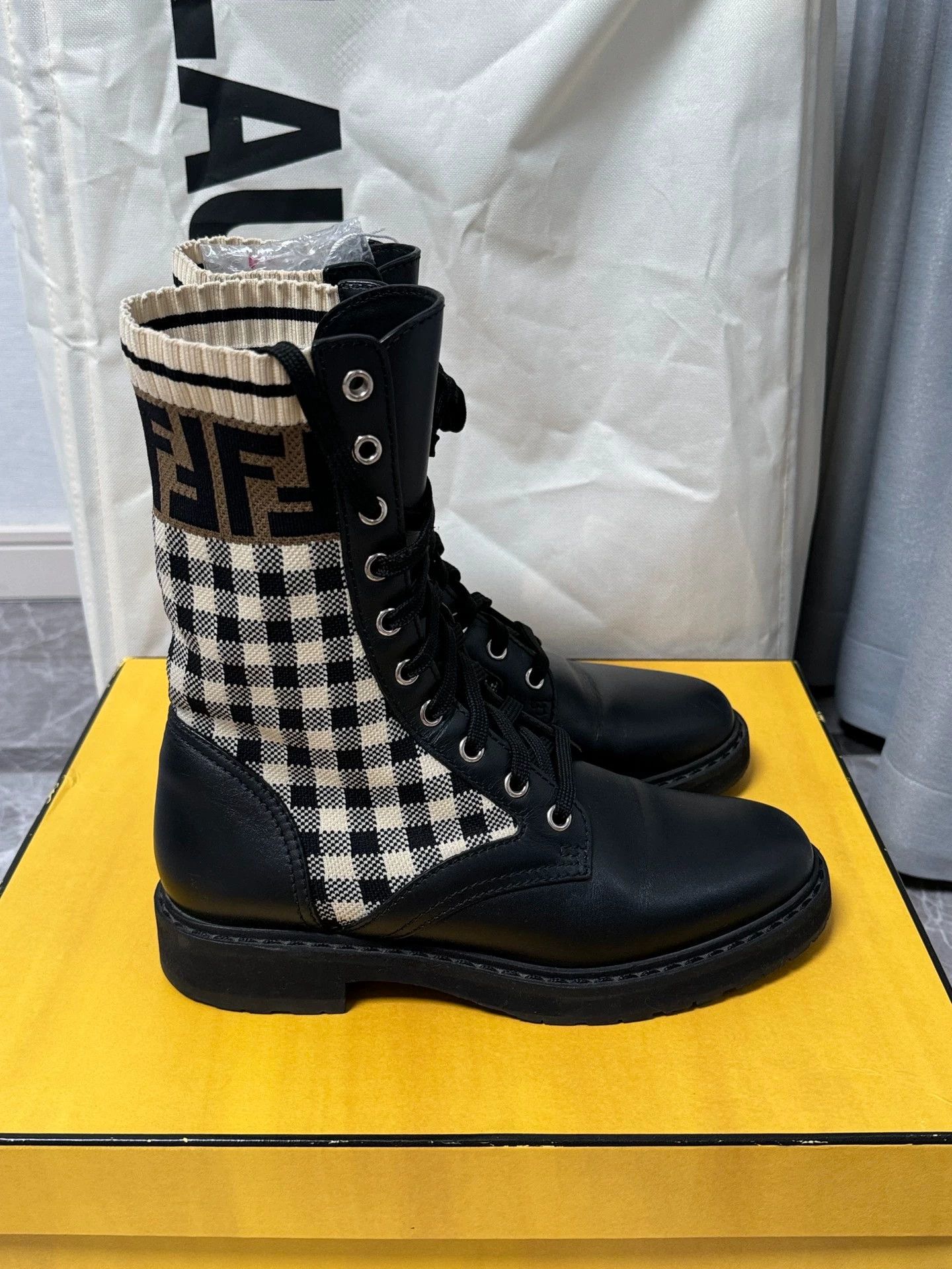 Fendi Fendi Black & White Check Knit Martin Boots 36 98 New Size US 5.5 / IT 35.5 - 1 Thumbnail