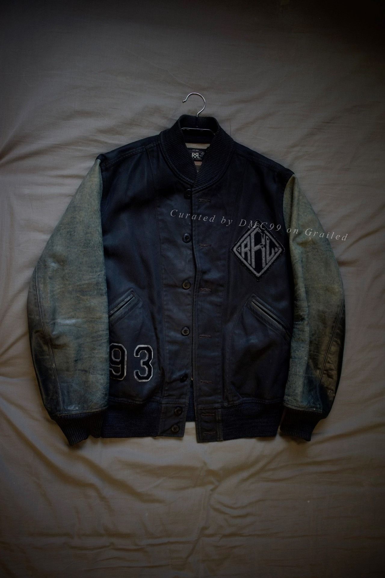 RRL Ralph Lauren RRL Indigo Dyed Leather Sleeve Baseball Jacket