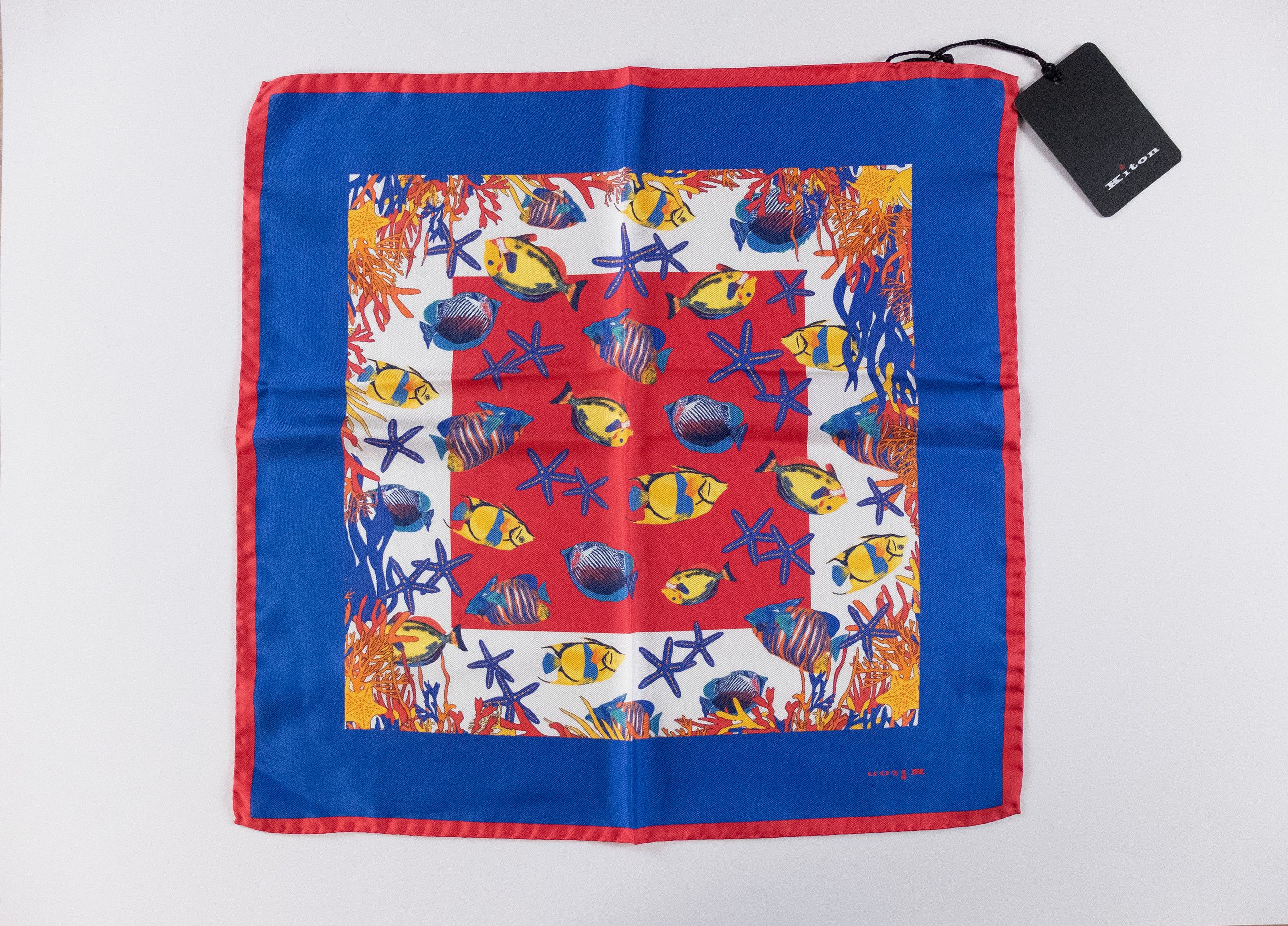 Kiton KITON Napoli blue red fish starfish print silk pocket square Size ONE SIZE - 1 Thumbnail