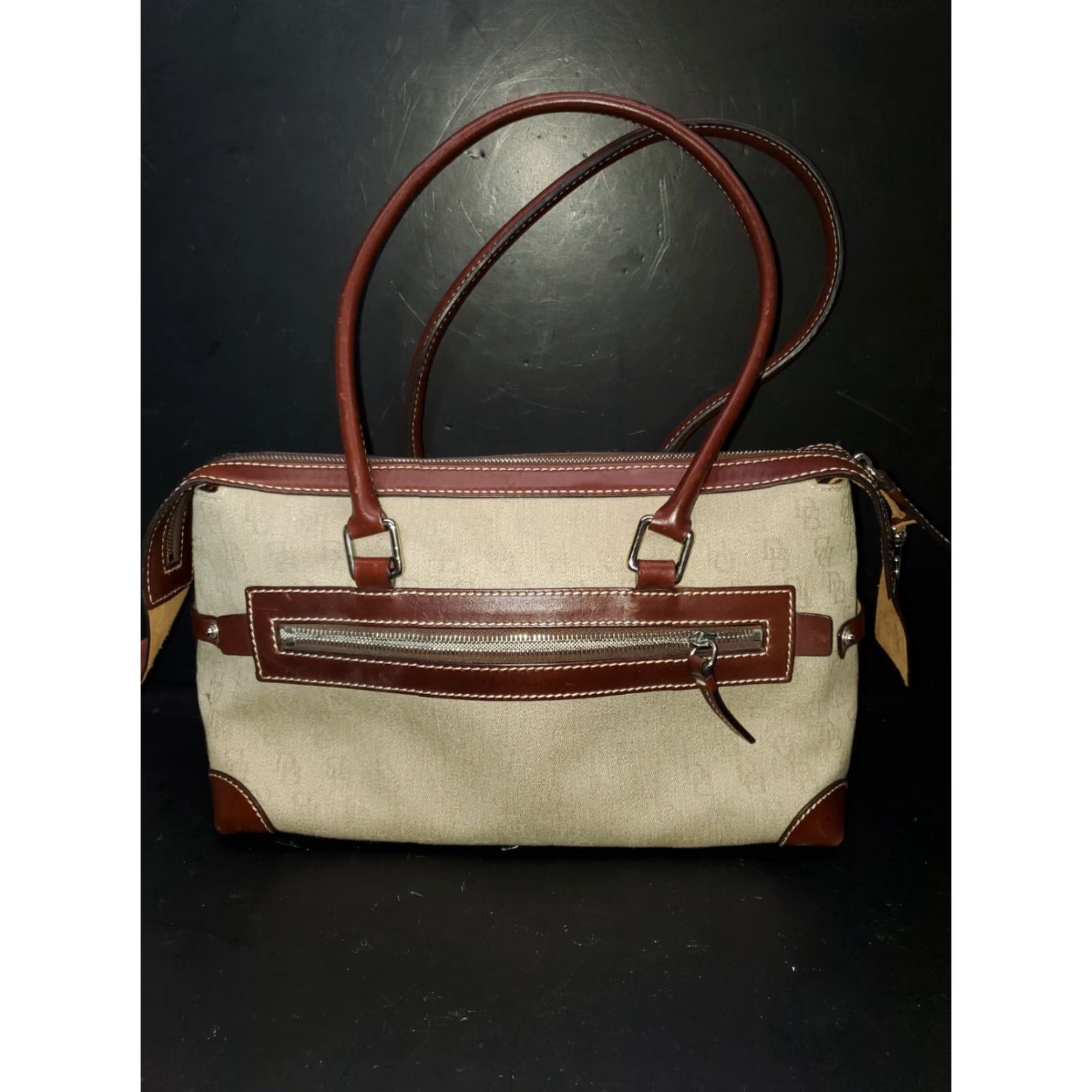 Dooney & Bourke VINTAGE Dooney & Bourke Anniversary Signature Double Pocket Tote Bag Satchel Logo Coin Canvas Leather Brown Beige 12x6x8 Bags Mens Womens Girls Boys Size ONE SIZE - 3 Thumbnail