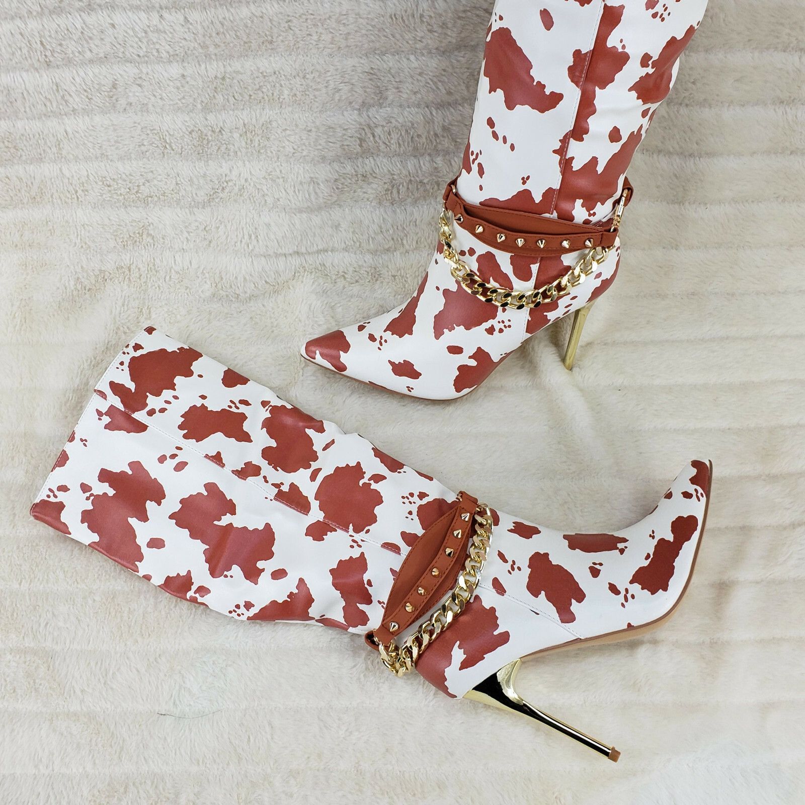 Other Eva Tan & White Cow Print Leatherette Gold Tone High Heel & Size US 8 / IT 38 - 3 Thumbnail