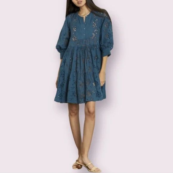 Anthropologie dRA Yara Teal 1/2 Button 3/4 Sleeve Eyelet Dress Boho Comfy Size XS / US 0-2 / IT 36-38 - 2 Thumbnail