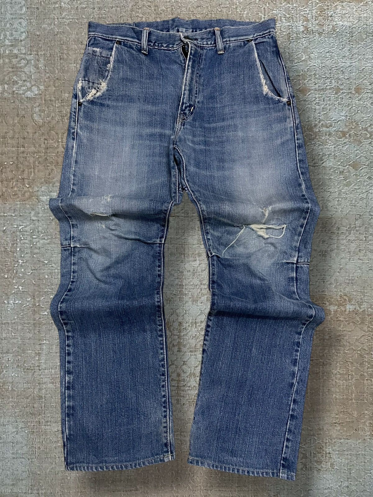 Japanese Brand Vintage 1990s Designer Jappan Studio Ecru Distressed Denim Size US 32 / EU 48 - 1 Thumbnail