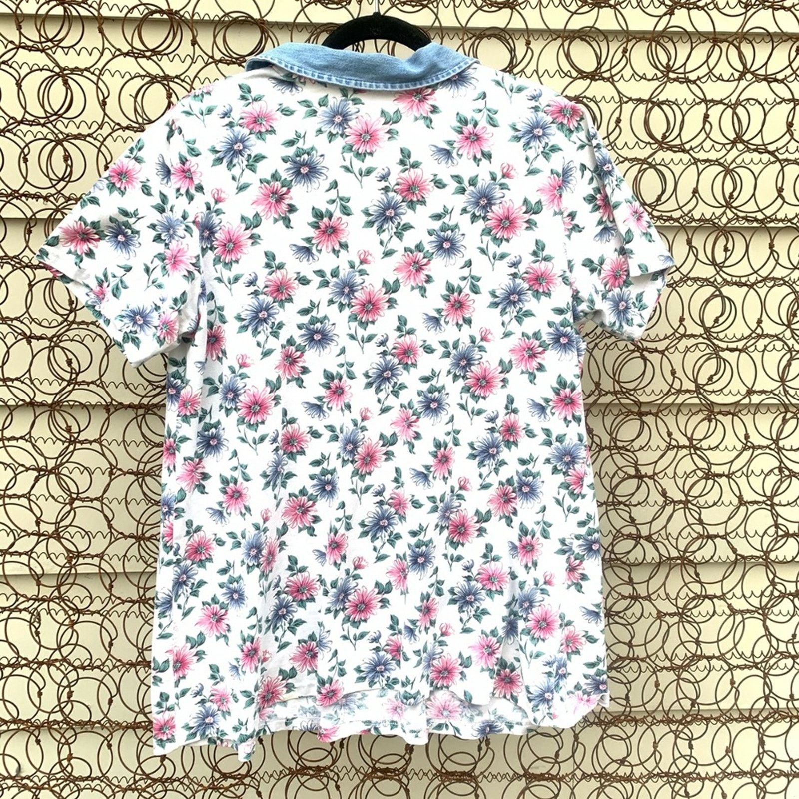 Vintage Vintage 90s floral denim collared T-shirt Size L / US 10 / IT 46 - 2 Thumbnail