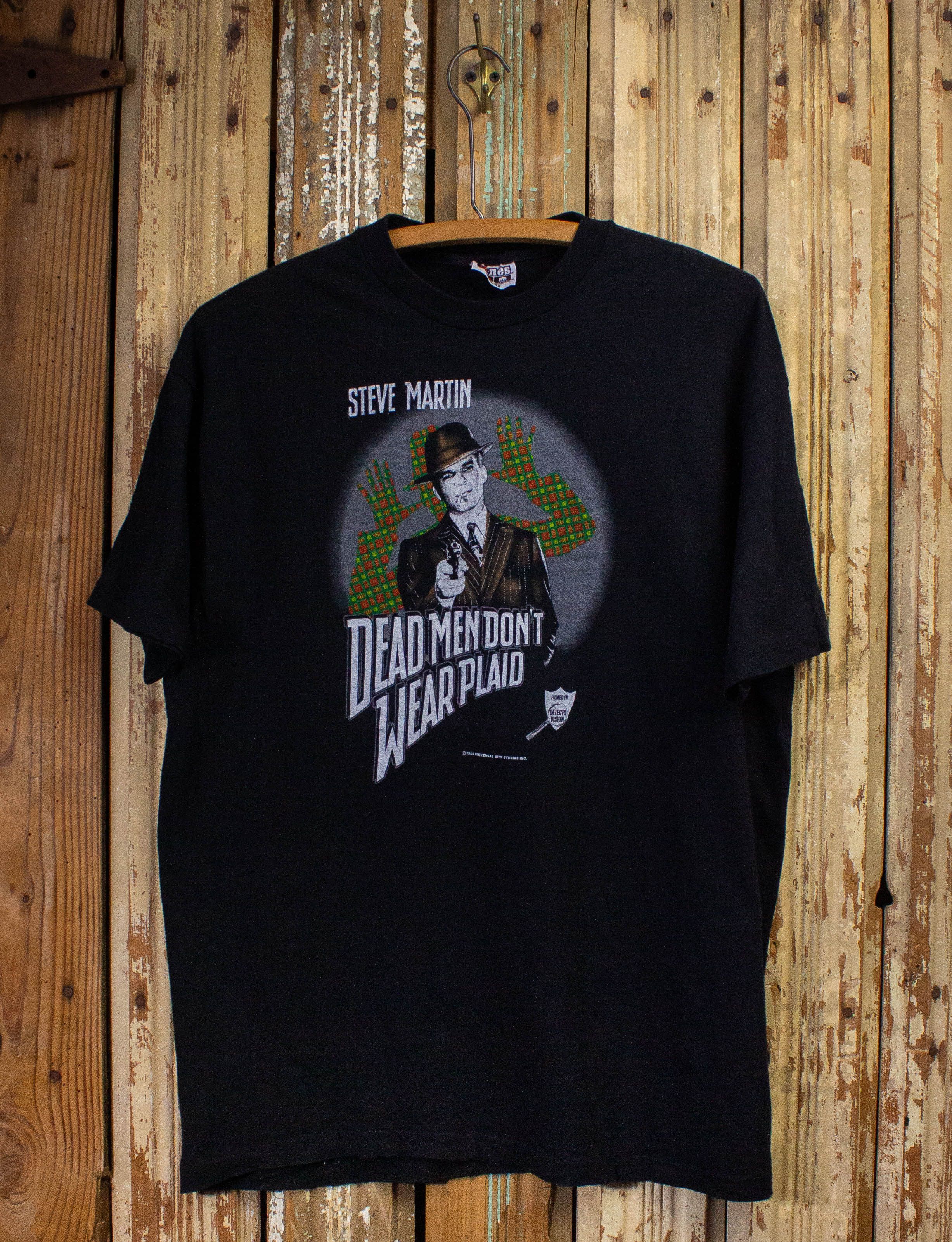 image of Vintage Steve Martin Dead Men Don't Wear Plaid T Shirt 1982 in Black (Size Large)