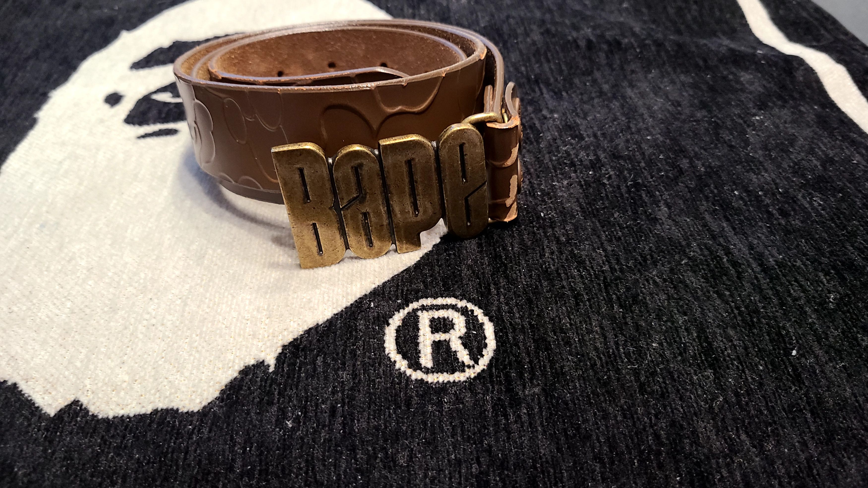 image of Bape Solid Camo Leather Belt in Brown, Men's (Size 32)