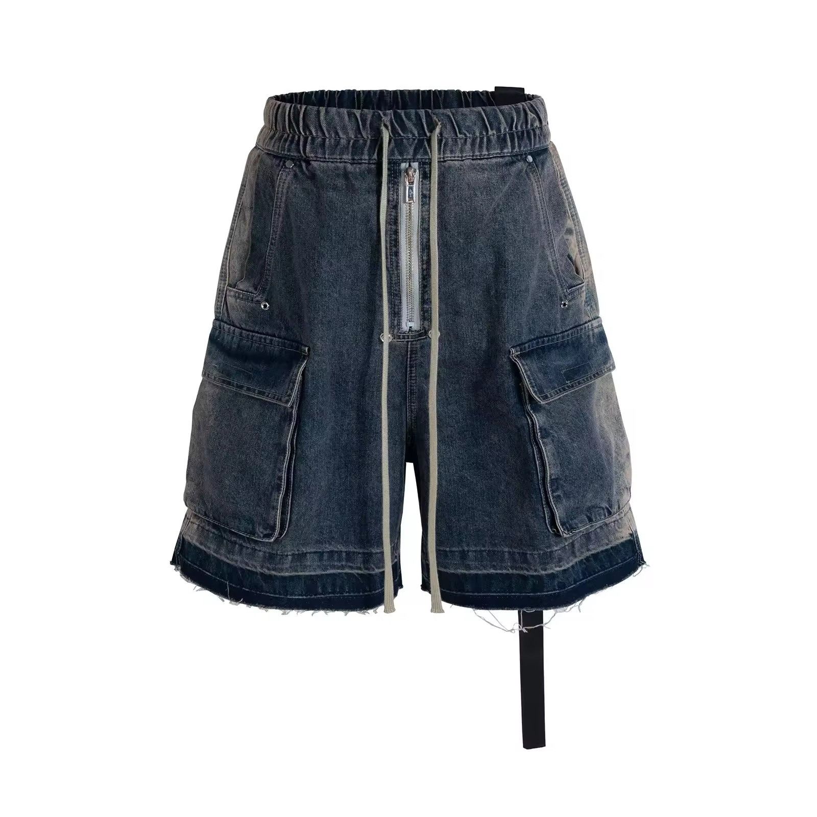 Zipper Pocket Washed Blue Distressed Shorts