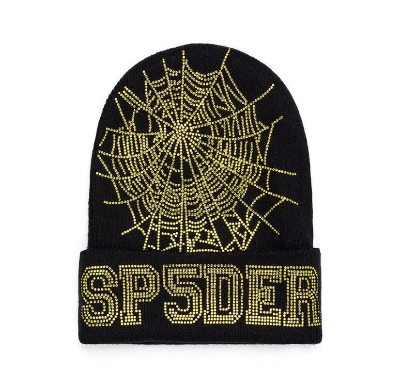 image of Sp5Der Spider Worldwide Web Beanie Rhinestone Black Gold, Men's