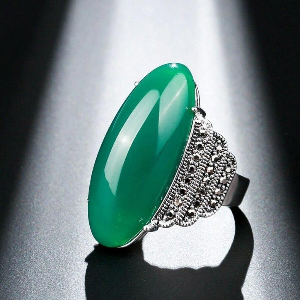 Designer Vintage 32mm Green Amber Antique Silver Ring - Size 8 Size ONE SIZE - 1 Thumbnail