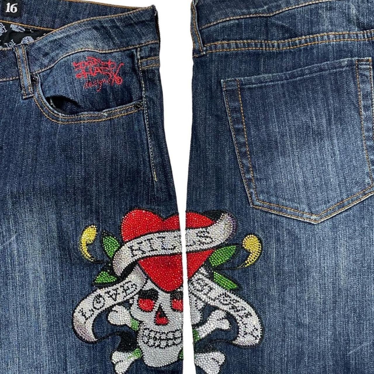 Christian Audigier × Ed Hardy × Vintage E ED HARDY LOVE KILLS SLOWLY SWAROVSKI JEANS [36-32] Size US 36 / EU 52 - 2 Thumbnail