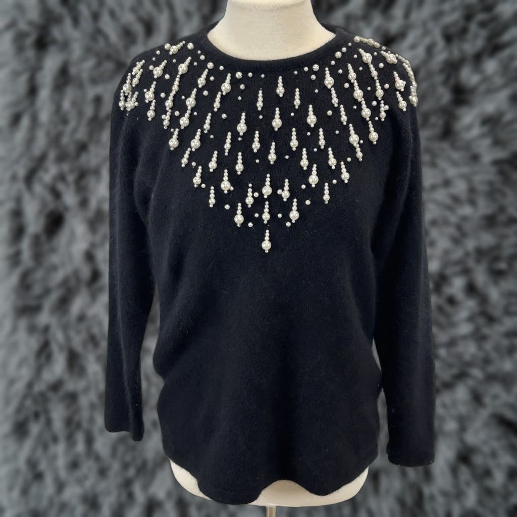 VINTAGE Lord & Taylor Sweater Medium Black Silk Angora Pearl Drop Womens