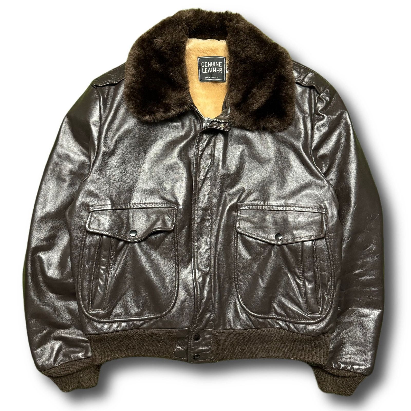 image of J C Penney Jc Penny 70's True Vintage Aviator Bomber Fur Leather Jacket in Brown, Men's (Size XL)