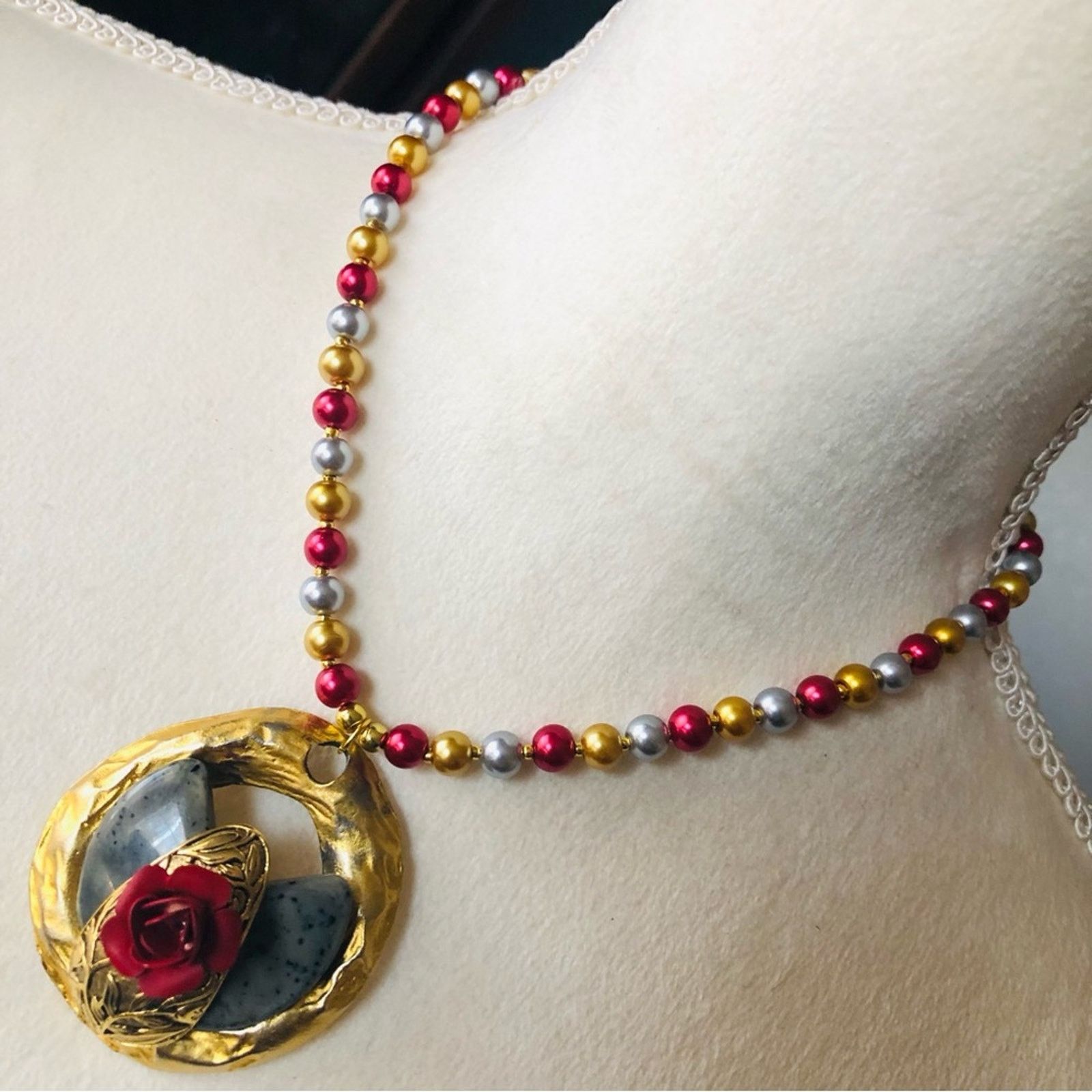 Handmade Handcrafted repurpose Spanish Rose pendant Pearl necklace Size ONE SIZE - 1 Thumbnail