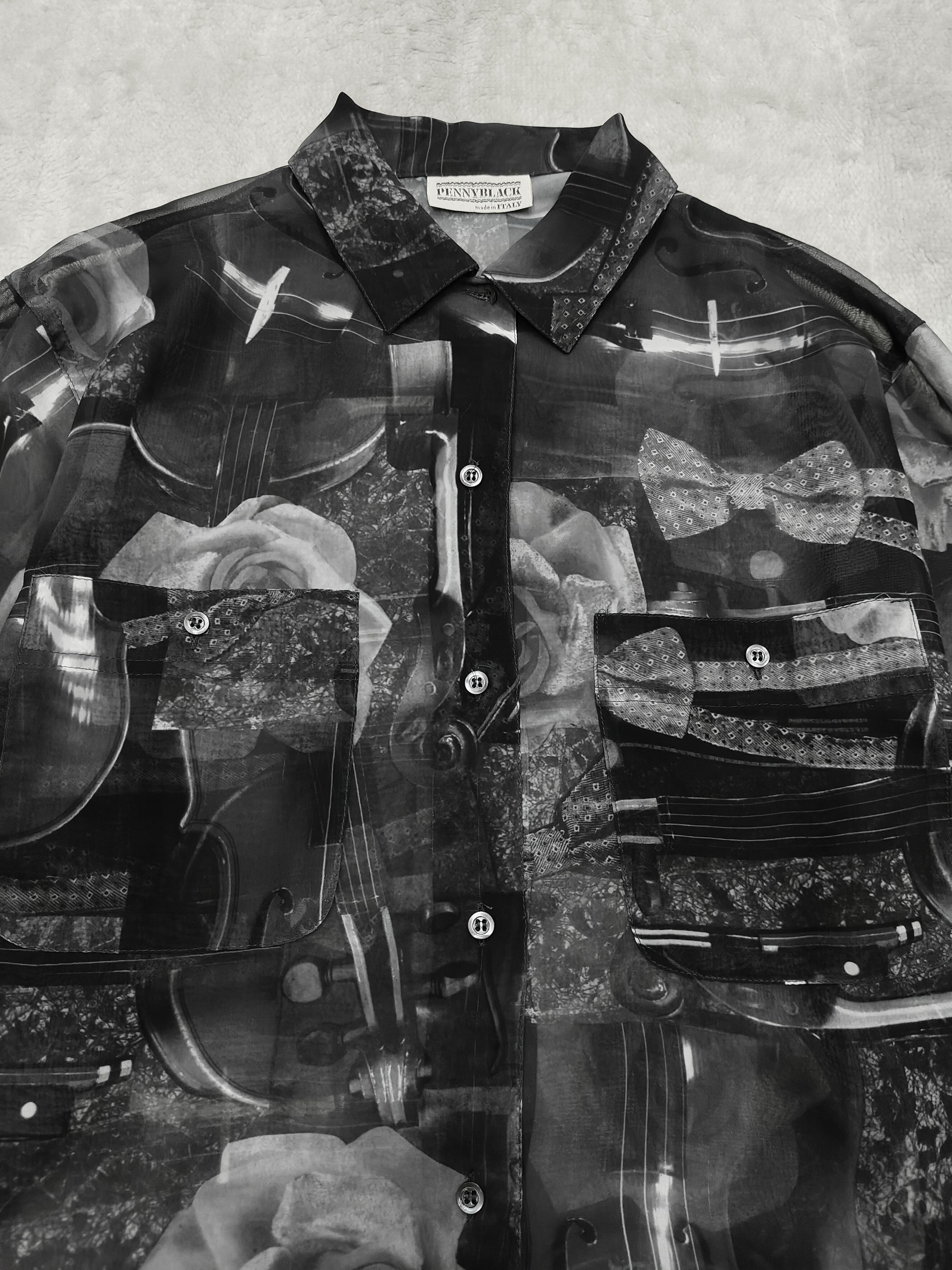 Max Mara DOPE 🇮🇹 Penny Black Roses Musical Art Sheer Blouses Size L / US 10 / IT 46 - 7 Thumbnail