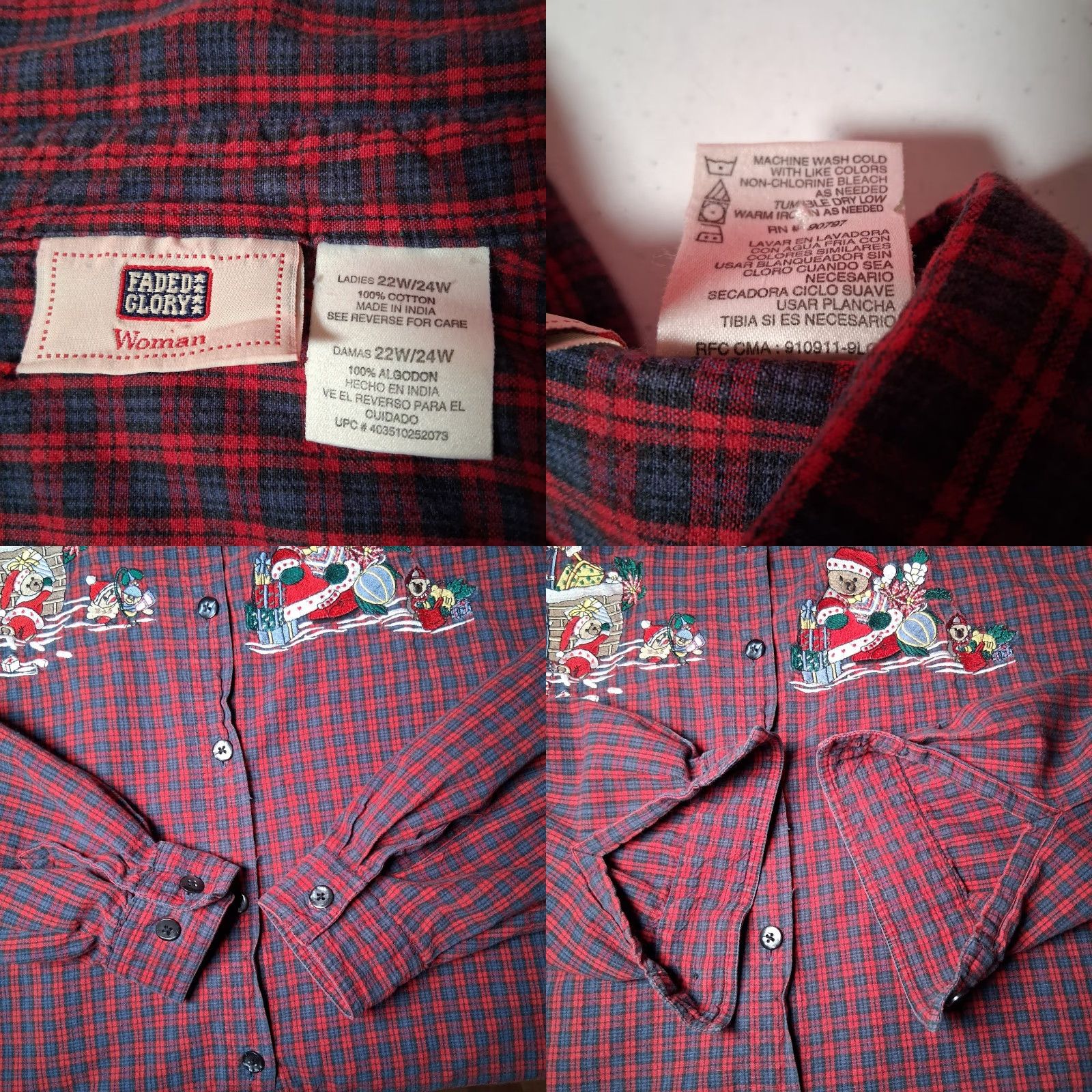 Faded Glory Faded Glory Christmas Shirt Women Plus Size 22/24W Red Plaid Santa Bear Button-Up Embroidered Holiday Blouse Size 3XL / US 20-22 - 8 Thumbnail