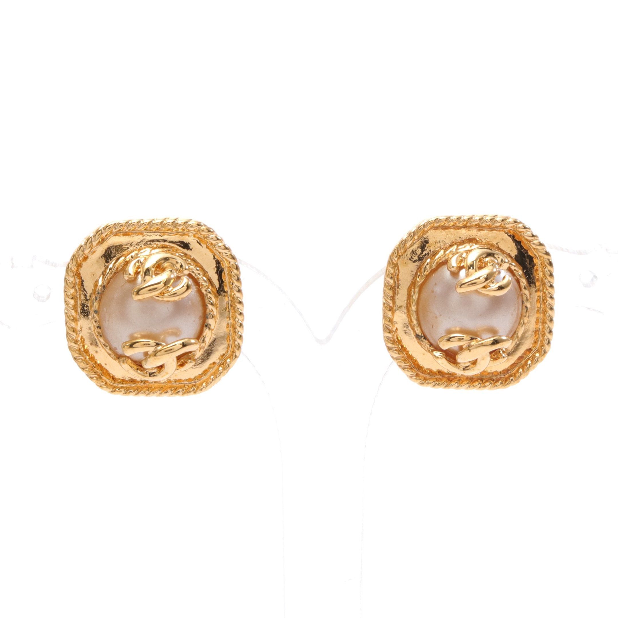 image of Chanel Coco Mark Earrings Gp Fake Pearl Gold Off White 95A, Women's
