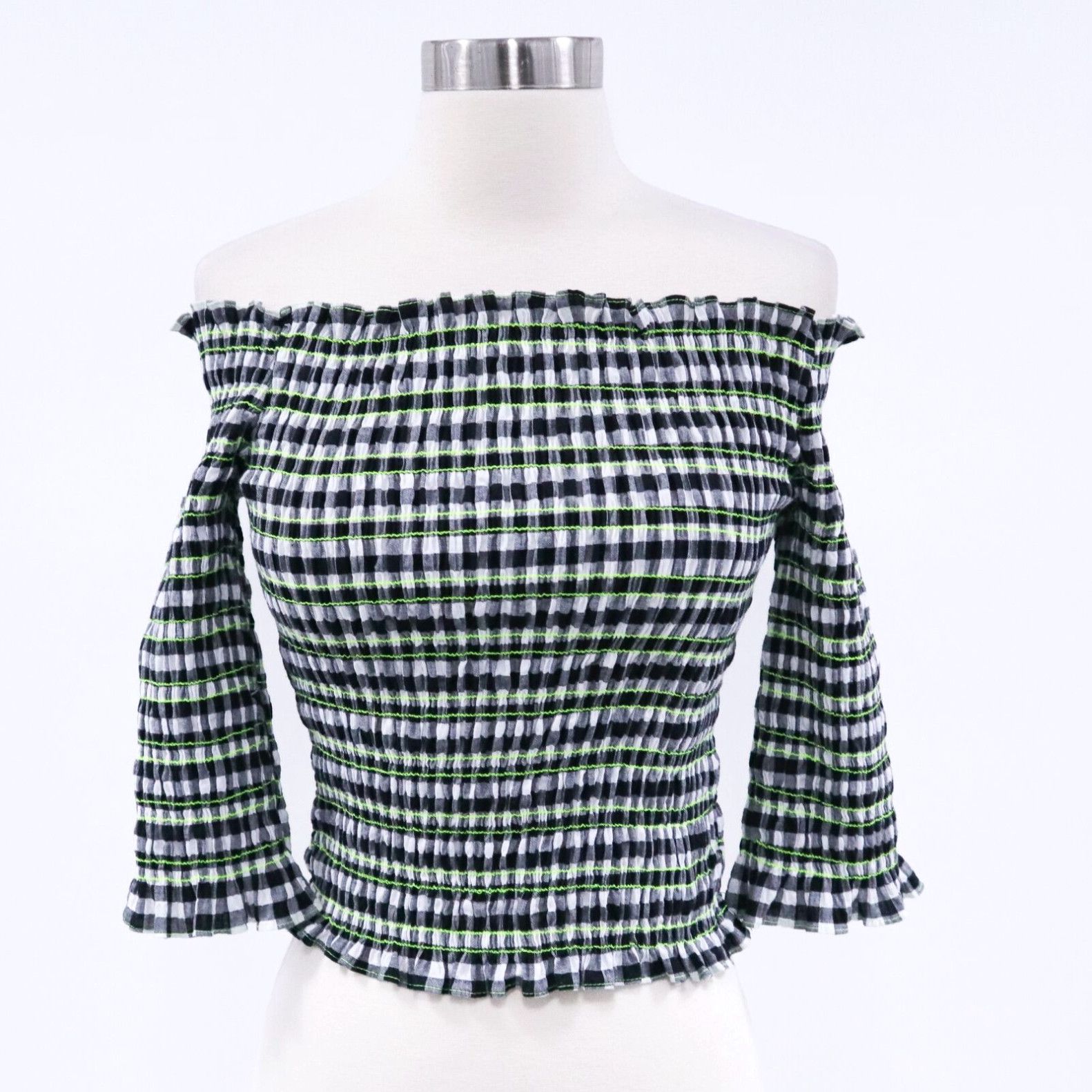 image of Vintage Toit Volant Blouse Top Off Shoulders Womens Xs/s Smocked Gingham Black White (Size Small)