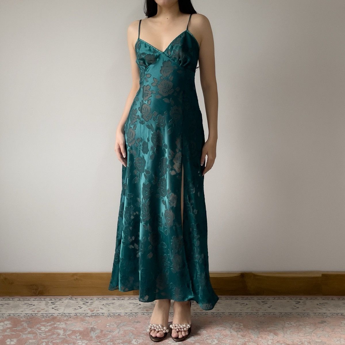 Victoria's Secret Victoria’s Secret 1990s Green Floral Burnout Slip Dress (L) Size L / US 10 / IT 46 - 3 Thumbnail