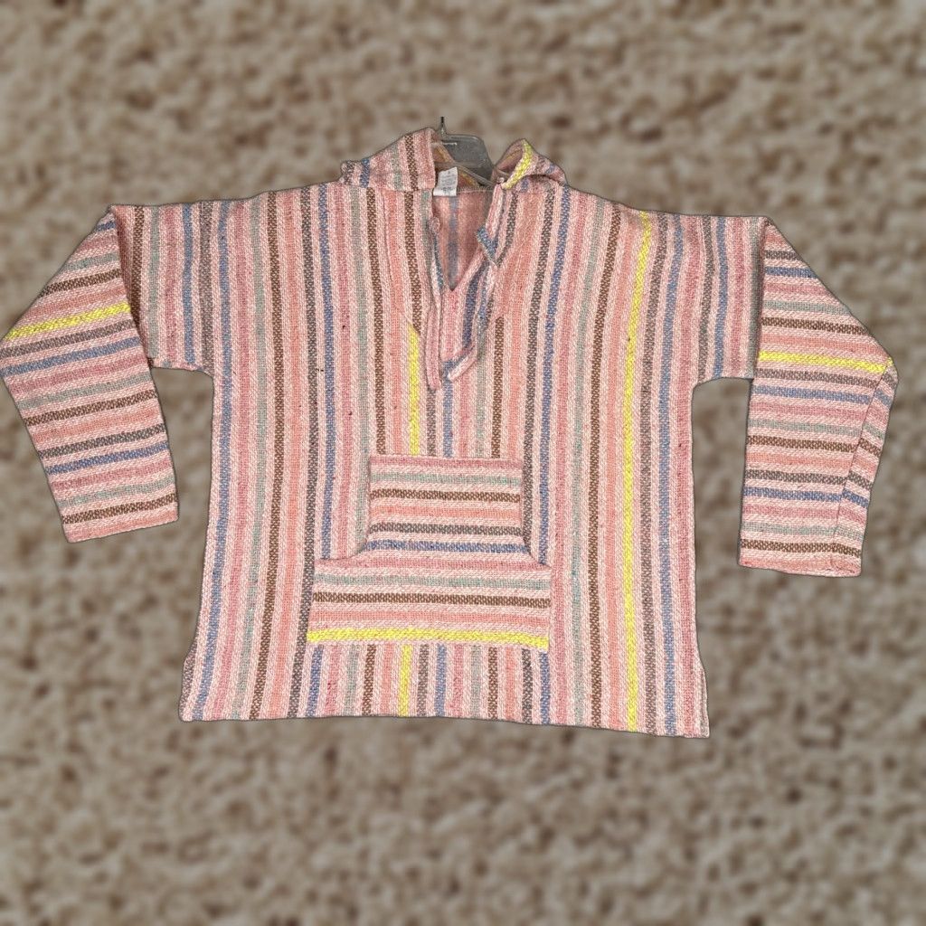 Vintage MACO Hoodie Mens M Pink Striped Baja Kangaroo Pocket Hippie Bohemian Beach Pullover Hooded V-Neck Shirt/Ho odie (Note: length constraint) Size US M / EU 48-50 / 2 - 1 Thumbnail
