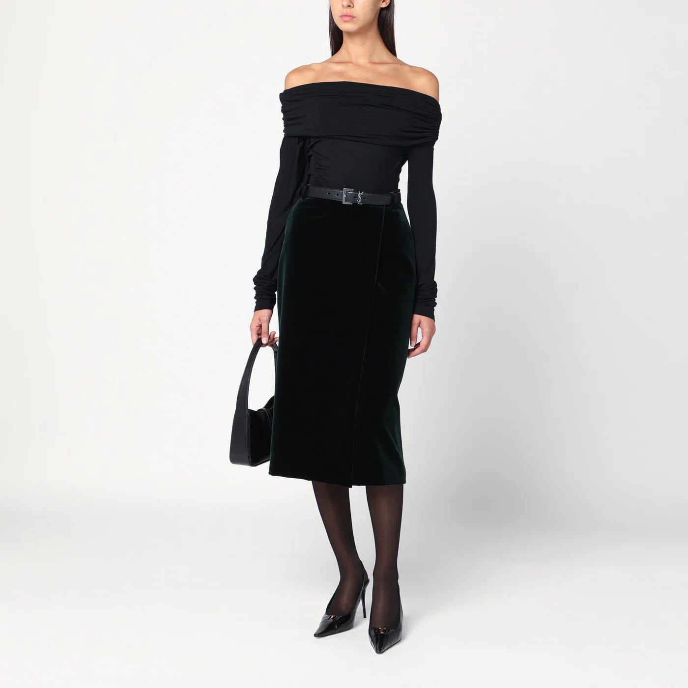 Saint Laurent Paris o1d2blof0526 Velvet Wrap Midi Skirt in Dark Green Size 27" / US 4 / IT 40 - 2 Thumbnail