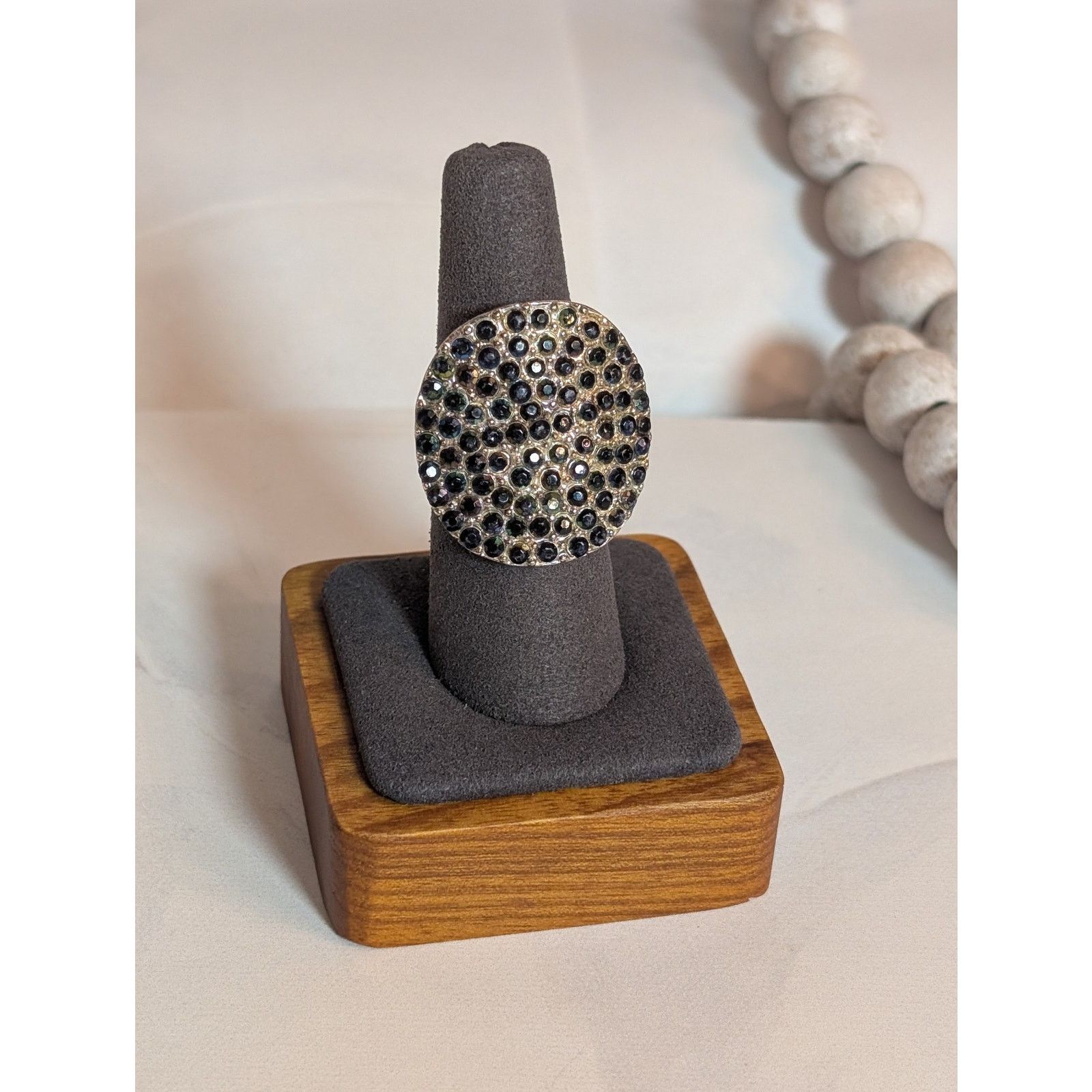 Vintage VTG 1980s Silver-Tone Black Rhinestone Statement Ring SZ 8 Size ONE SIZE - 4 Thumbnail