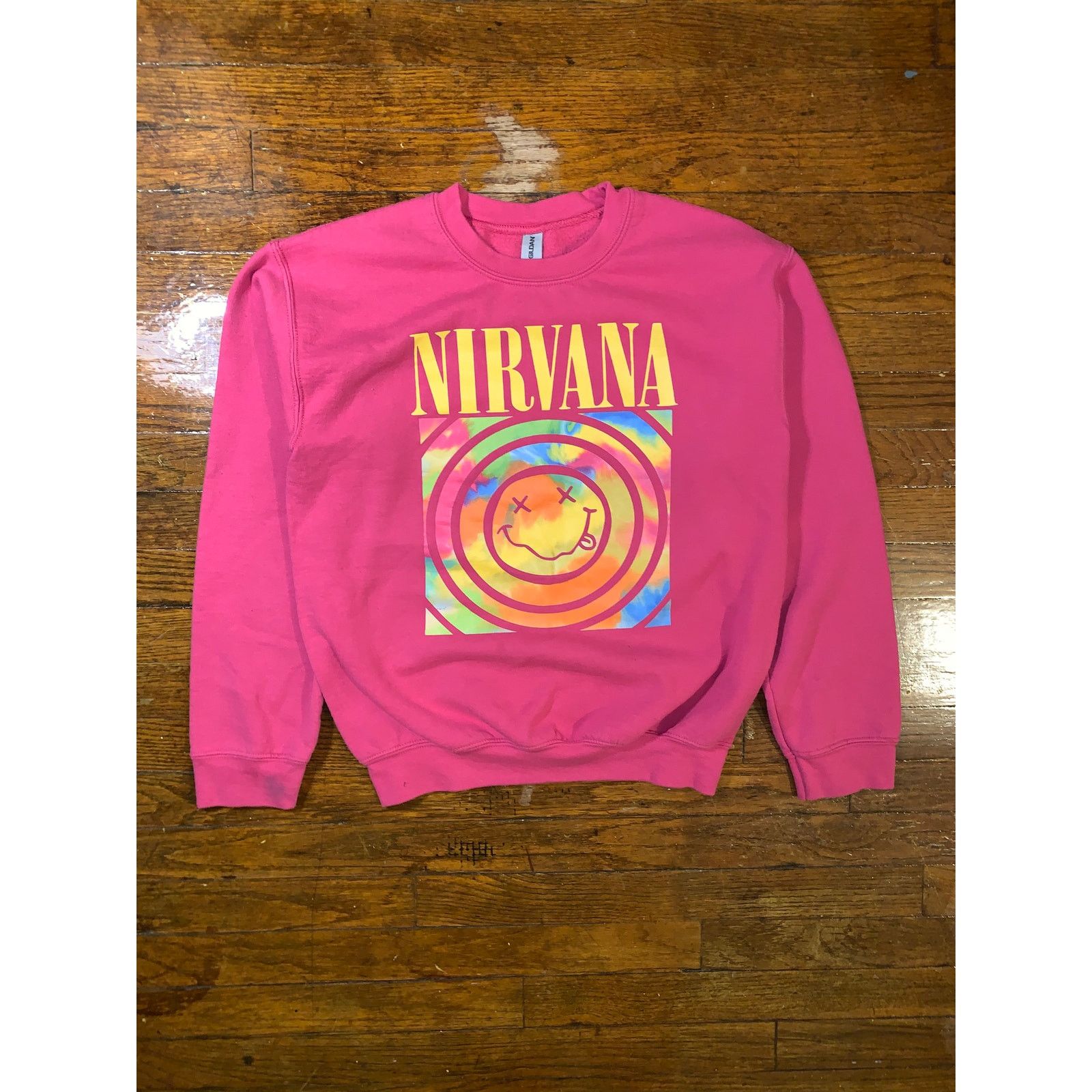 Band Tees × Gildan Nirvana Pink Tie Dye Smiley Sweatshirt Womens Small Grunge Size S / US 4 / IT 40 - 1 Thumbnail