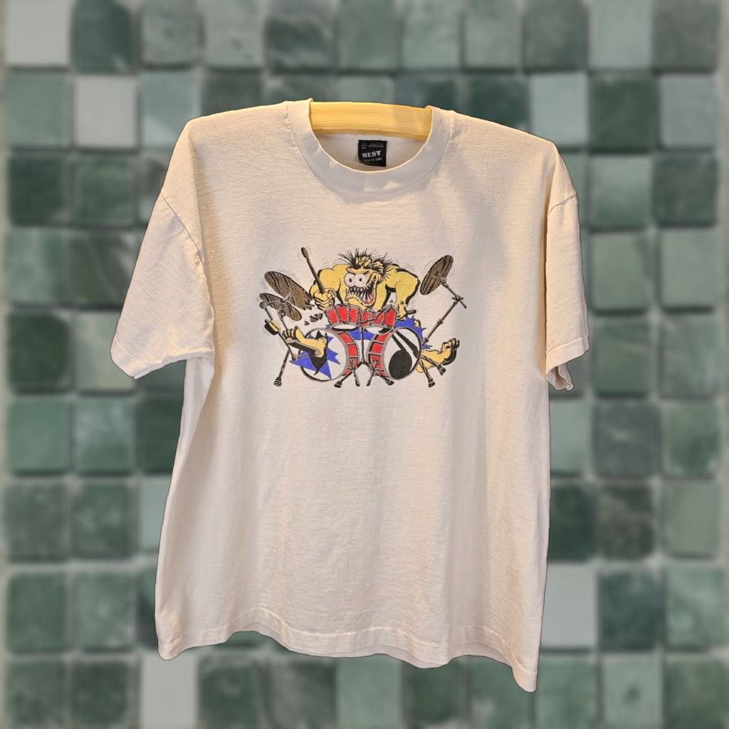 Vintage VINTAGE WADDELL'S DRUM CENTER MONSTER White T-Shirt SZ XLARGE - SINGLE STITCH, Crew Neck, Short Sleeve, 90s Graphic Print Mens Shirt Size US XL / EU 56 / 4 - 1 Thumbnail