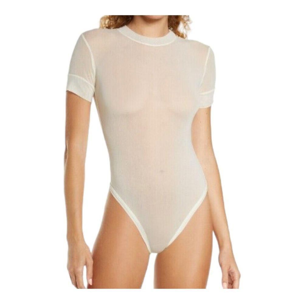 Designer NT305 Skim Sheer Short Sleeve Thong T-shirt Bodysuit BONE 2X Size XXL / US 16-18 / IT 52-54 - 1 Thumbnail