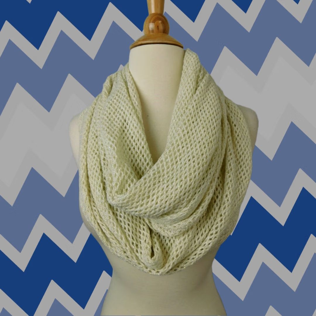 Vintage Cejon Ivory Metallic Thread Fishnet Diamond Knit Infinity Loop Scarf Women | 31" x 17" | Knit Infinity Scarf | Hand Wash Only Size ONE SIZE - 1 Thumbnail