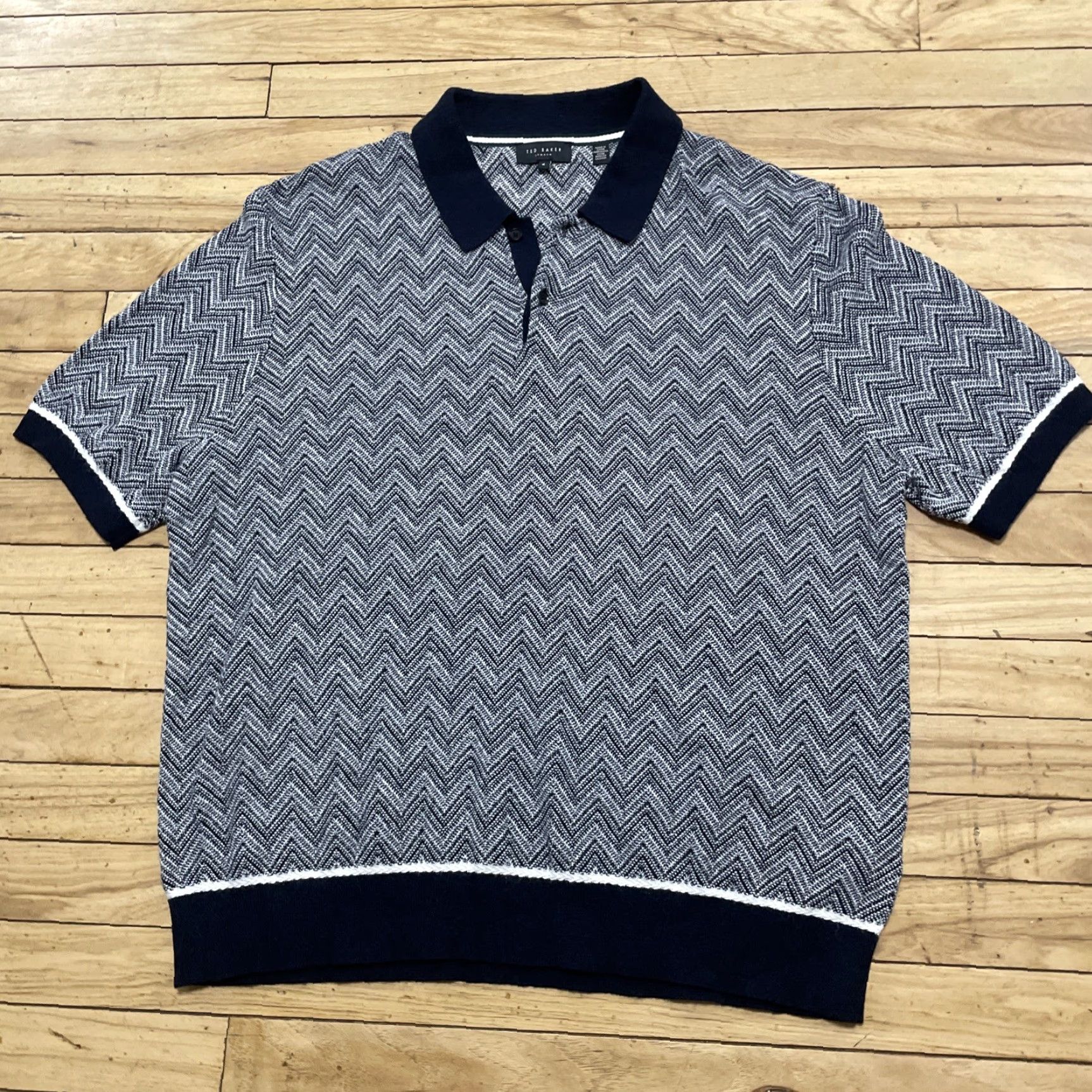 Ted Baker Ted Baker London Men 6 Waldun Navy Cream Zig Zag Stitch Polo Shirt Short Sleeve Geometric Pattern Polo Shirt Mens XS-XL Corporate Casual Dressy Size US S / EU 44-46 / 1 - 3 Thumbnail