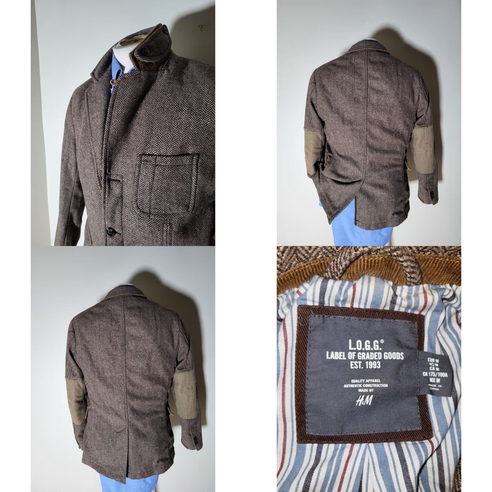 H&M LOGG M Medium Brown Norfolk Field Tweed Herringbone Elbow Coat Blazer Jacket Size 40R - 8 Thumbnail
