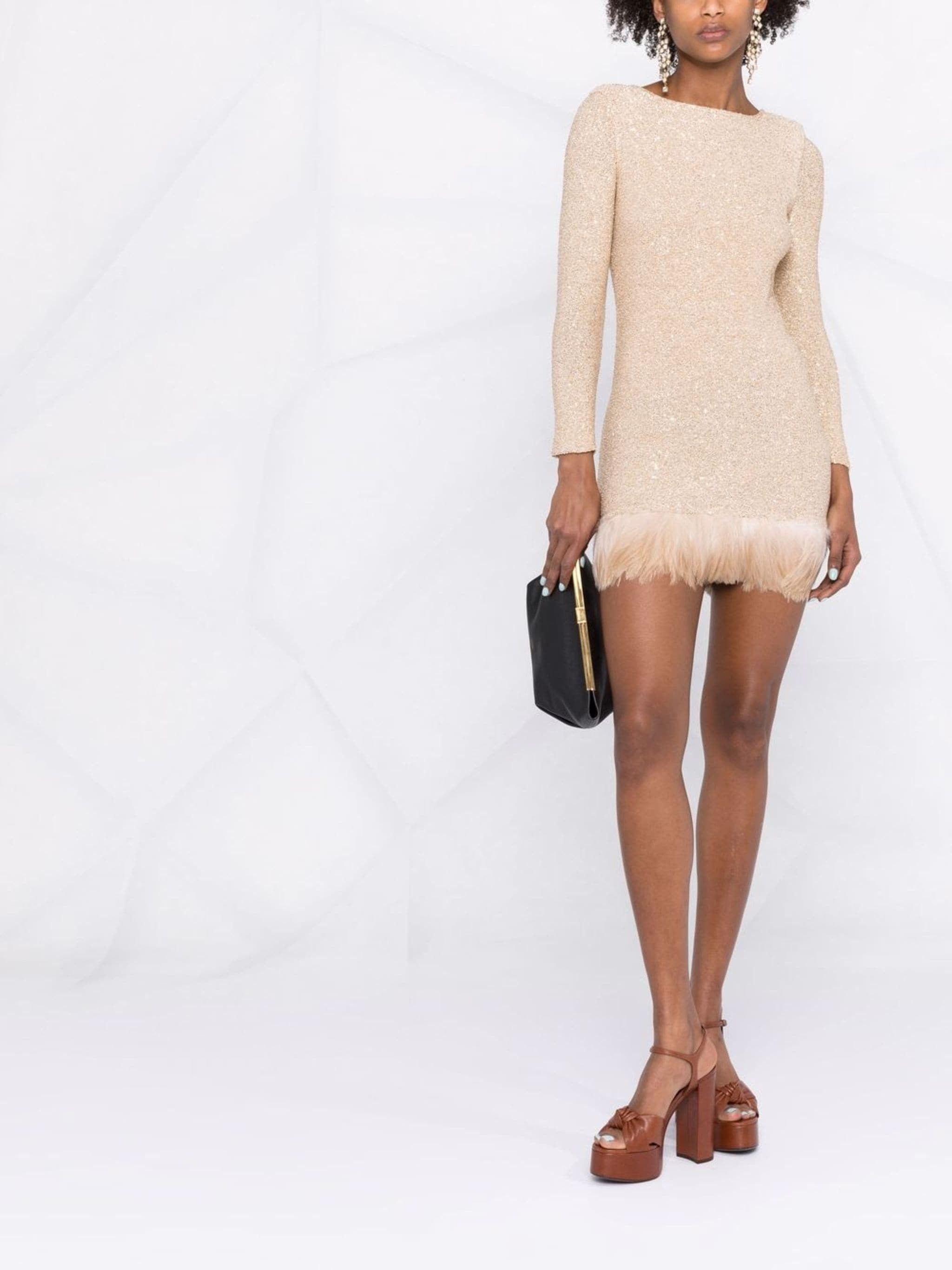 Saint Laurent Paris oc11z10524 Feather-Trim Sequinned Minidress in Beige Size S / US 4 / IT 40 - 2 Thumbnail