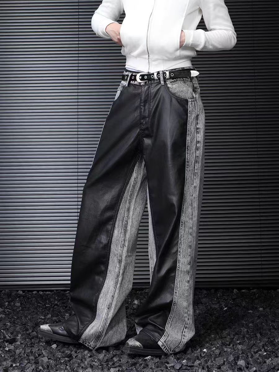 image of Vintage Contrast Patchwork Baggy Casual Pants in Grey, Men's (Size 32)
