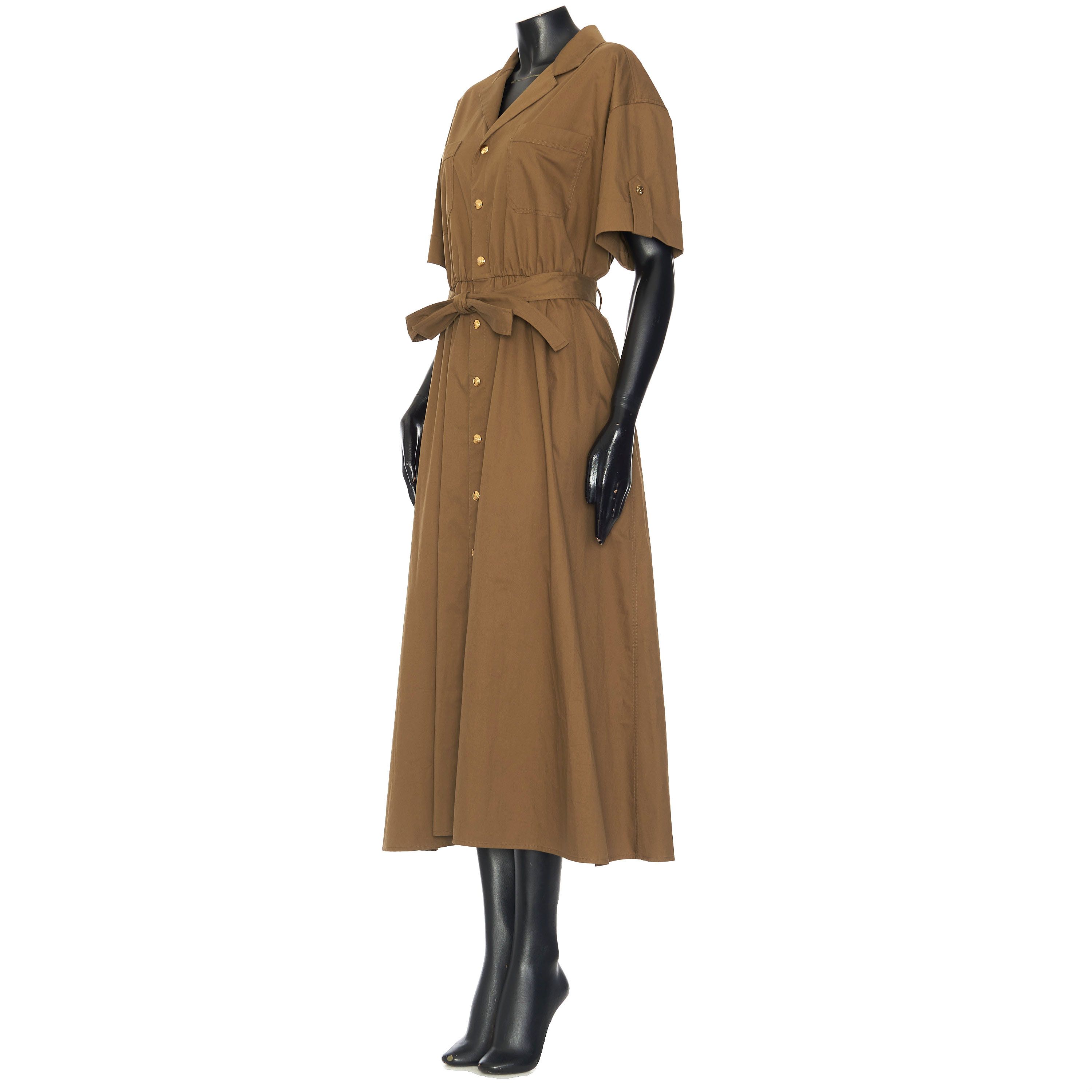Celine Short-Sleeved Safari Dress In Olive Green Cotton Twill Size L / US 10 / IT 46 - 2 Thumbnail