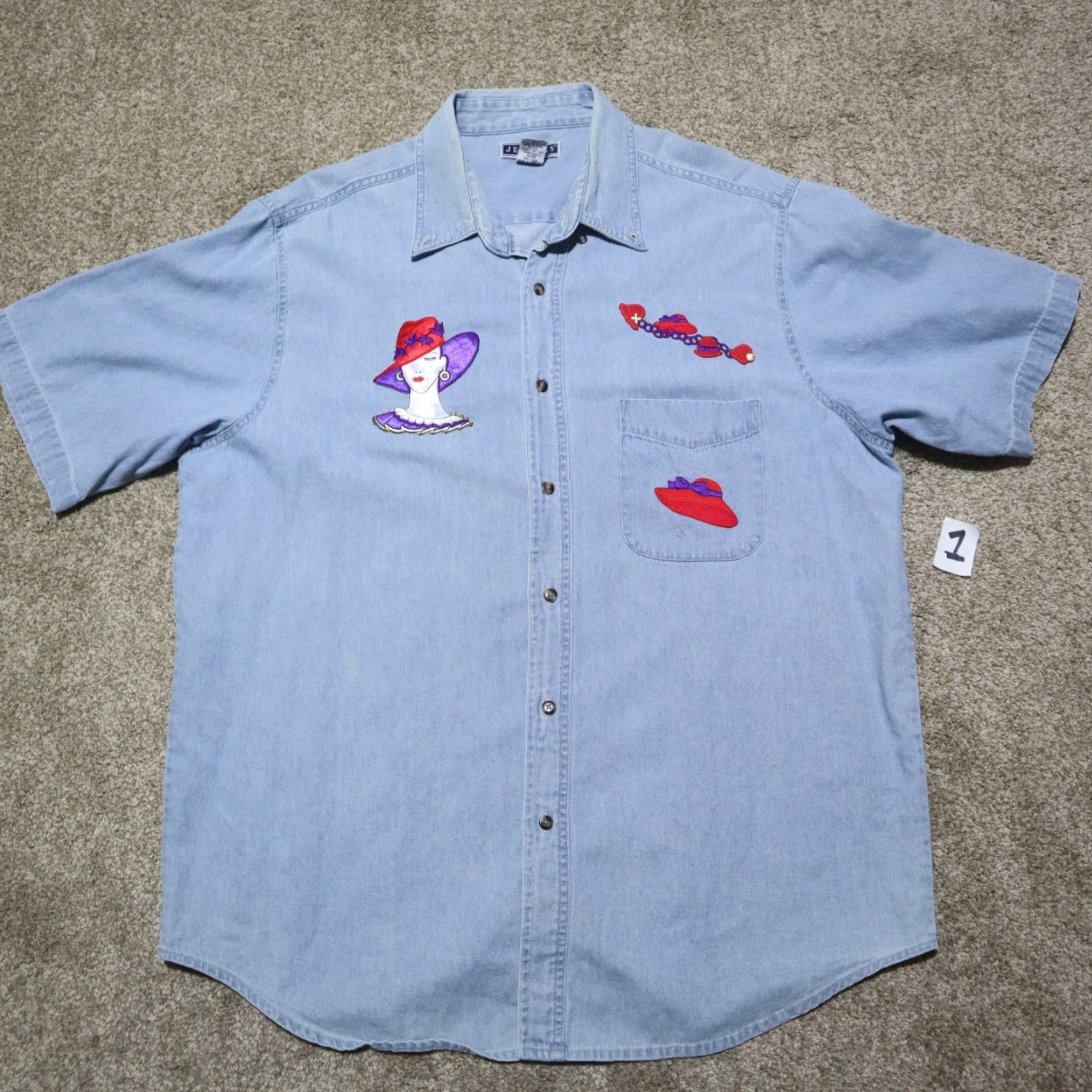 Denime Harriton Shirt Women XL Blue Denim Short Sleeve Button-Down Front Pocket Embroidered 100% Cotton Size XL / US 12-14 / IT 48-50 - 2 Thumbnail