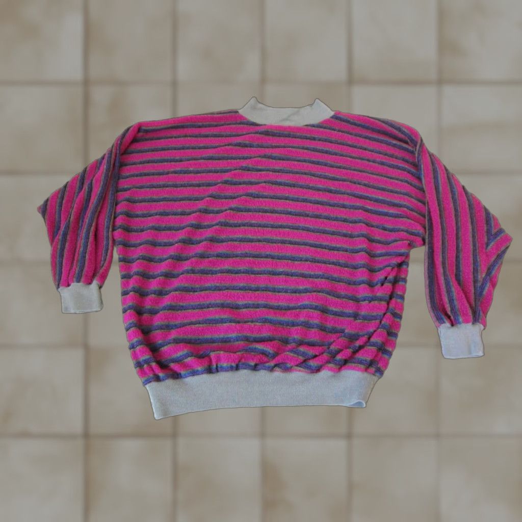 Velour VINTAGE Velour Sweater Womens L Pink Blue Striped 90s High Neck Fleece Pullover Size L / US 10 / IT 46 - 1 Thumbnail