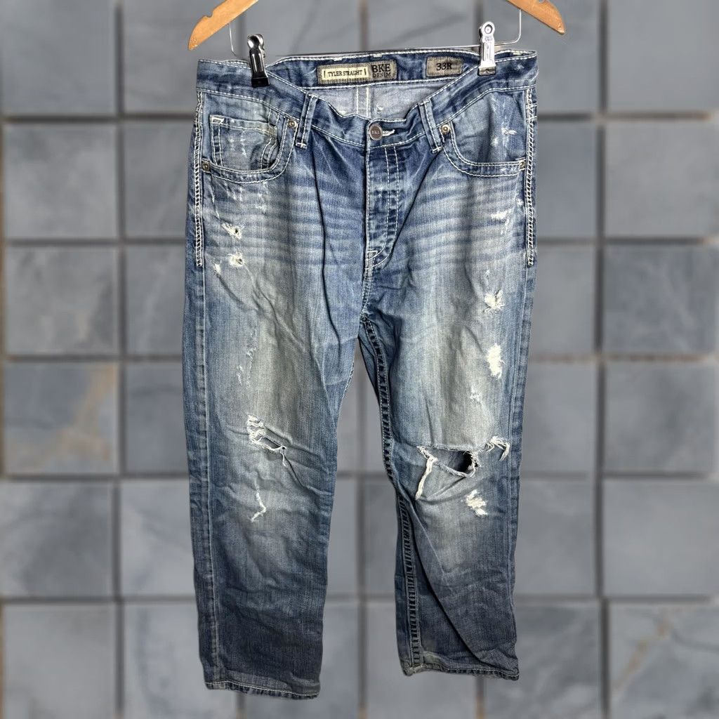BKE BKE Tyler Straight Jeans Mens 33x34 Blue Distressed Ripped Denim Button Fly Size US 33 - 1 Thumbnail