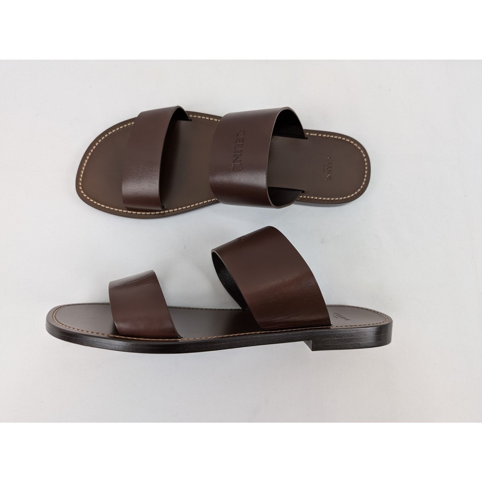 Celine o1rshd1 Calfskin-Vegetal Tanning Slides Slipper Dark Brown Size US 11 / EU 44 - 1 Thumbnail