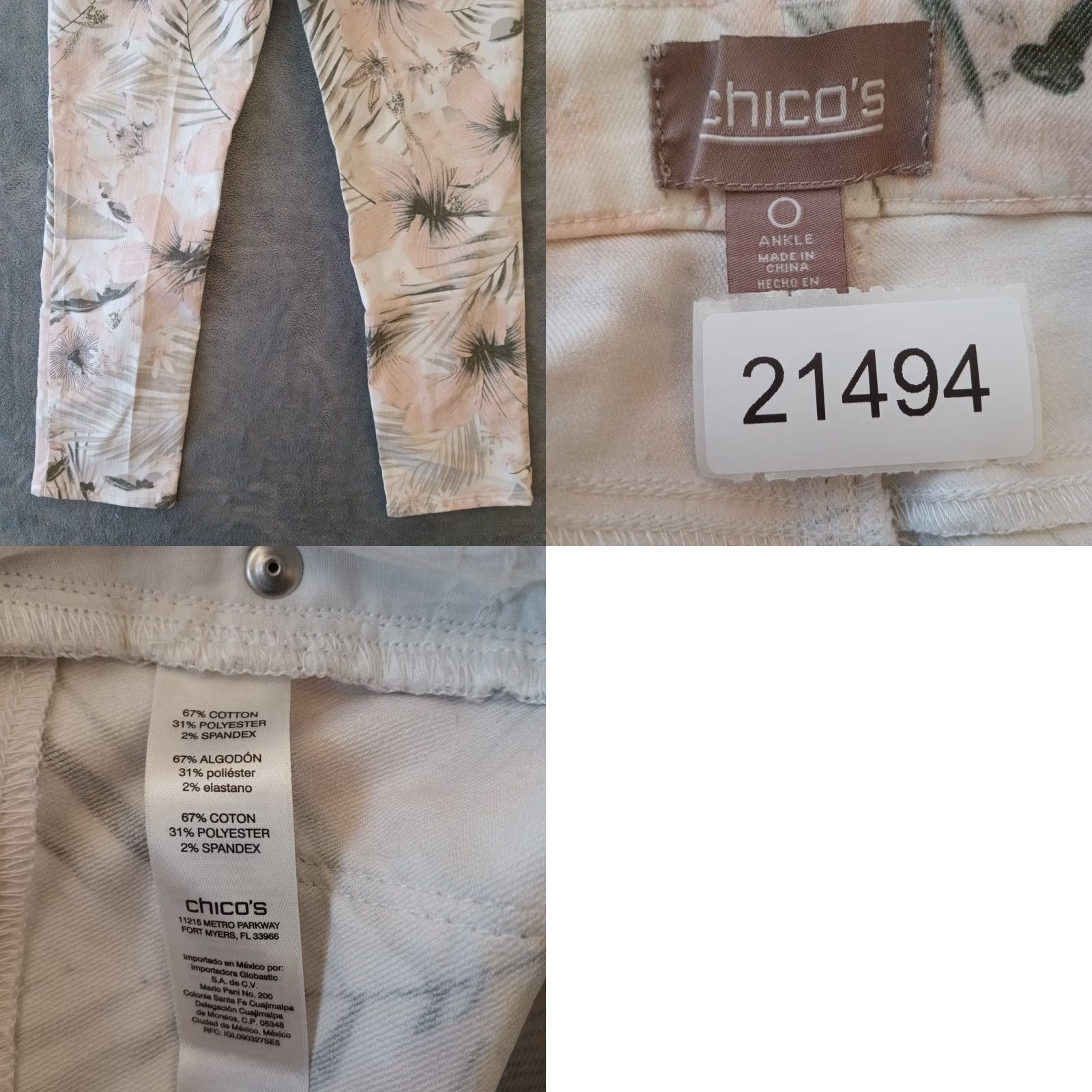 Vintage Chico's Jeans Ankle Womens 0 Pink Floral Stretch 29x26 Mid Rise 5-Pocket Denim Cotton Blend Size 25" / US 0 / IT 36 - 8 Thumbnail
