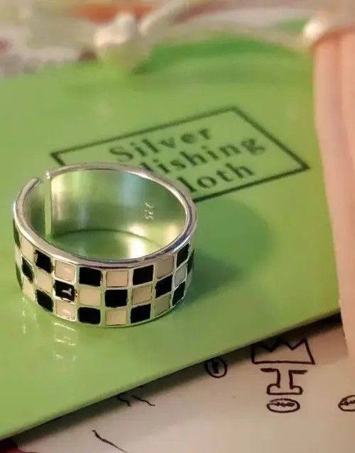 Jewelry Unique Black and White Grid Pattern Adjustable Ring Size ONE SIZE - 2 Thumbnail